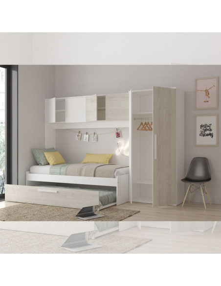 Cameretta a ponte 6006 con letto estraibile e armadio colore bianco consumato e bianco - Kallea