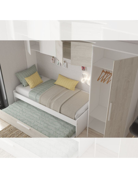 Cameretta a ponte 6006 con letto estraibile e armadio colore bianco consumato e bianco - Kallea