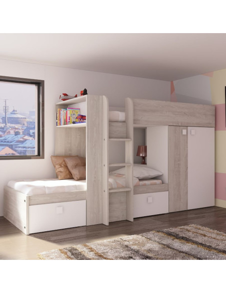 Cameretta 1266 con letto a castello con due cassettoni e armadio reversibile colore bianco vintage - Kallea