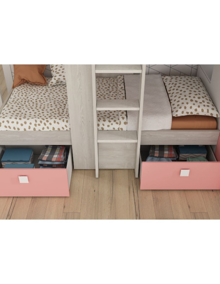 Cameretta 1267 con letto a castello con due cassettoni e armadio reversibile colore bianco consumato e rosa flamingo - Kallea