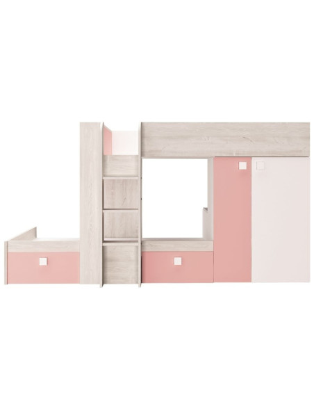 Cameretta 1267 con letto a castello con due cassettoni e armadio reversibile colore bianco consumato e rosa flamingo - Kallea