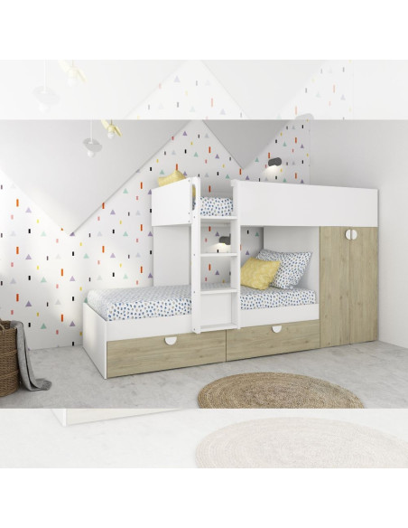 Cameretta con letto a castello con cassettoni e armadio reversibile colore rovere e bianco - Kallea