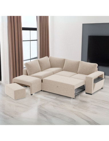 Divano letto angolare reversibile Jozzis con vano contenitore e pouf in tessuto Dubai G0741 sabbia - Kallea