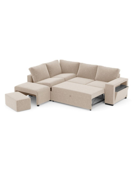 Divano letto angolare reversibile Jozzis con vano contenitore e pouf in tessuto Dubai G0741 sabbia - Kallea