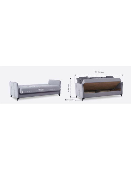 Divano letto contenitore Panama 3 posti colore grigio chiaro e cuscini grigio scuro - Kallea