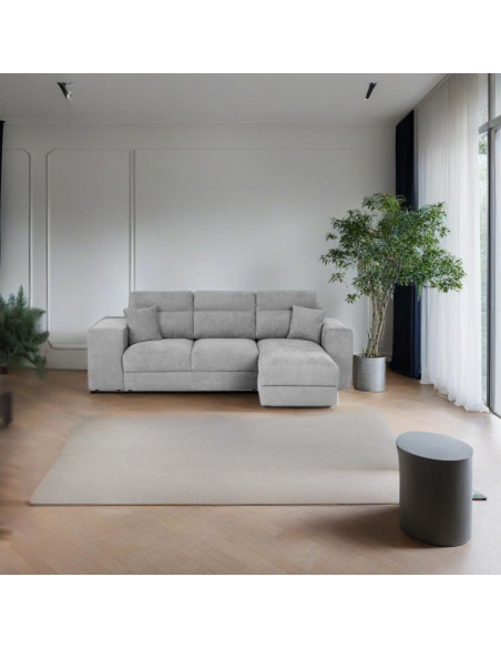 Divano letto Lilo con penisola e 2 pouf reversibile in tessuto Vardo G1310 grigio chiaro - Kallea