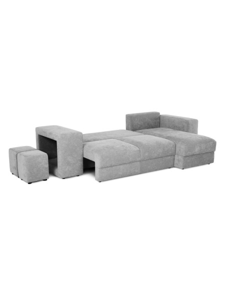 Divano letto Lilo con penisola e 2 pouf reversibile in tessuto Vardo G1310 grigio chiaro - Kallea