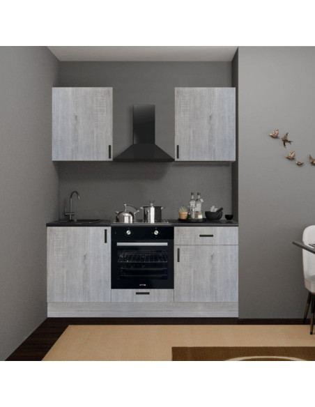 Cucina Asti 180 cm. reversibile elettrodomestici inclusi colore rovere grigio chiaro e maniglie in metallo nero - Kallea