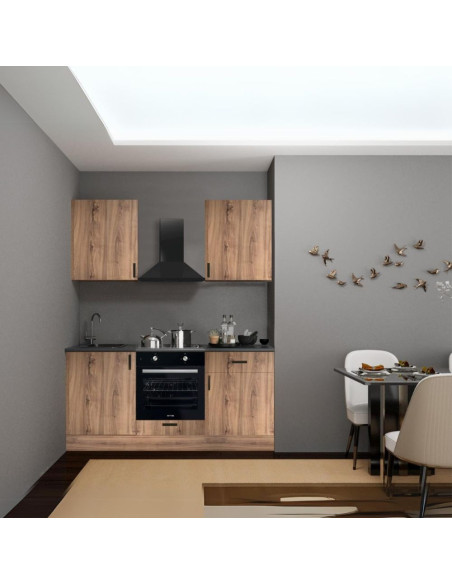 Cucina Asti 180 cm. reversibile elettrodomestici inclusi colore rovere nodato e maniglie in metallo nero - Kallea