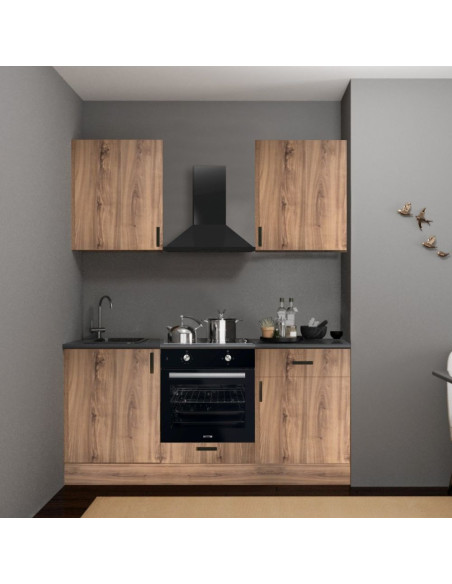 Cucina Asti 180 cm. reversibile elettrodomestici inclusi colore rovere nodato e maniglie in metallo nero - Kallea