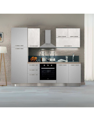 Cucina bloccata Molly in canyon white con struttura tortora e pensili spatolato 255x216H cm elettrodomestici inclusi - Kallea