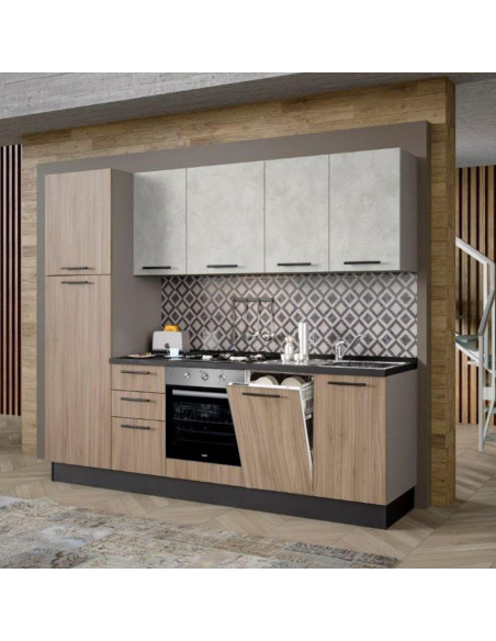 Cucina Licola 255x216 H reversibile colore noce chiaro e pensili spatolato con lavastoviglie - Kallea