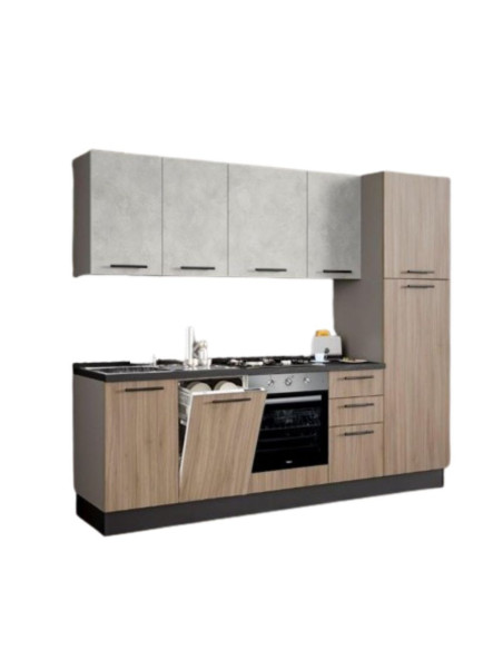 Cucina Licola 255x216 H reversibile colore noce chiaro e pensili spatolato con lavastoviglie - Kallea