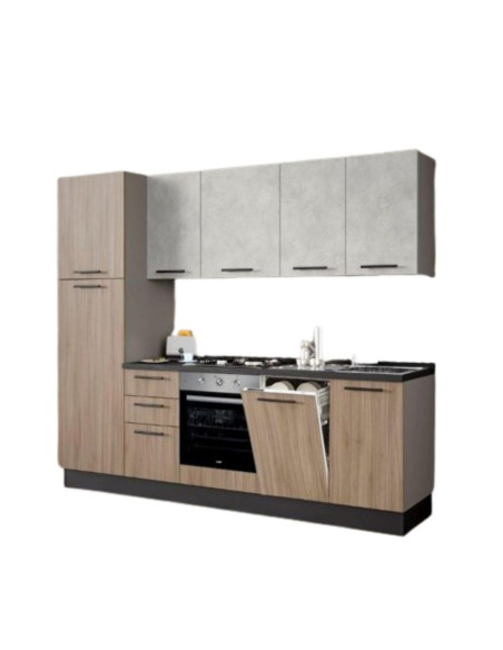 Cucina Licola 255x216 H reversibile colore noce chiaro e pensili spatolato con lavastoviglie - Kallea