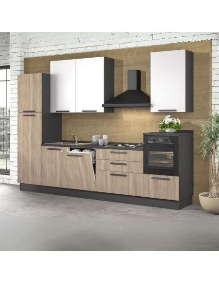 Cucina Sinki reversibile 330x216/240 H con cassa colore antracite basi gordon e pensili bianco con lavastoviglie - Kallea