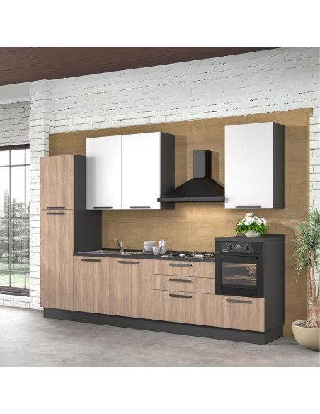 Cucina Sinki reversibile 330x216/240 H con cassa colore antracite basi gordon e pensili bianco con lavastoviglie - Kallea