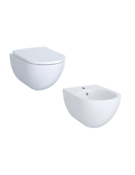 Sanitari sospesi Geberit serie Acanto vaso 500.600.01.8 Rimfree bidet cod.500.601.01.2 monoforo in ceramica bianca sedile non...