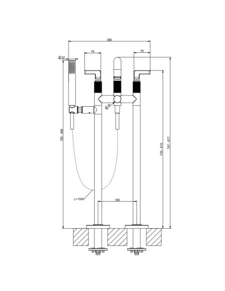 Miscelatore da terra vasca Gessi serie Inciso cod. 58029+58099 con parte incasso e doccetta - Kallea