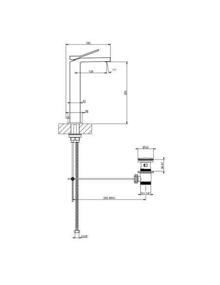 Miscelatore lavabo alto Gessi serie Rettangolo K cod. 53005 con scarico e flessibili di collegamento - Kallea