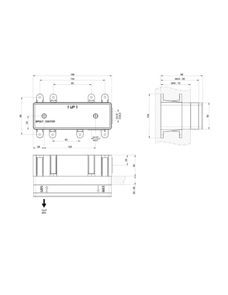 Miscelatore Gessi a parete con bocca regolabile serie Rettangolo K parte esterna cod.53084 incasso cod.44697 - Kallea