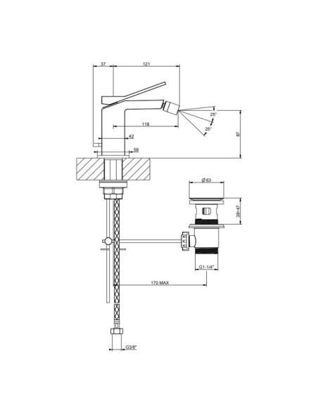 Rubinetto bidet Gessi serie Rettangolo K cod.53007 con scarico e flessibili di collegamento - Kallea