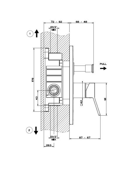 Parte esterna Gessi Miscelatore a parete 2 vie serie Rettangolo K cod.53079 incasso cod.44673 con deviatore Bagno/Doccia - Ka...