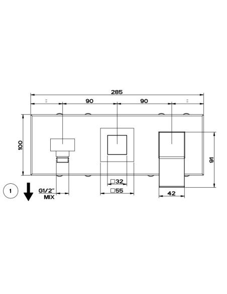 Miscelatore Gessi Doccia a parete 2 vie con deviatore serie Rettangolo K parte esterna cod.53140 incasso cod.44639 presa acqu...