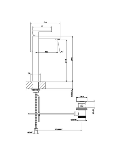 Miscelatore lavabo alto Gessi serie Rettangolo cod. 11921 con scarico e flessibili di collegamento - Kallea