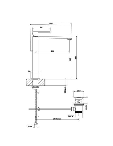 Miscelatore lavabo alto Gessi serie Rettangolo canna lunga cod. 11924 senza scarico con flessibili di collegamento - Kallea