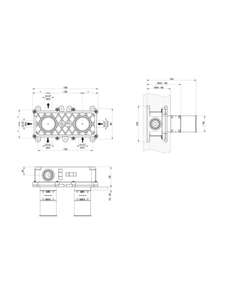 Miscelatore termostatico doccia Gessi cod.63331 parte esterna 1 via cod.54169 parte incasso - Kallea