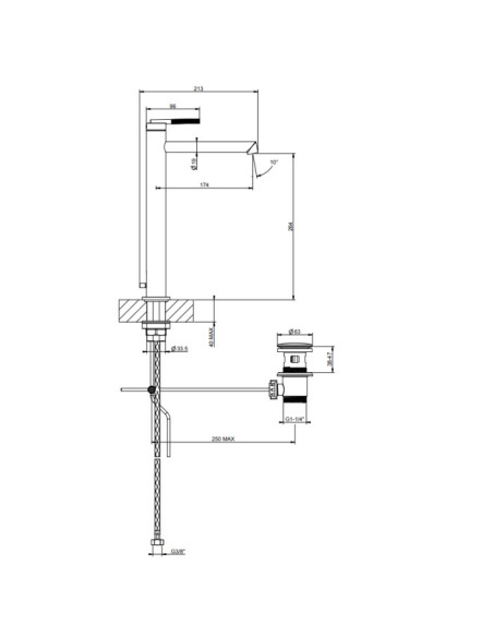 Miscelatore lavabo alto Gessi serie ingranaggio bocca lunga cod.63505 con scarico e flessibile di collegamento - Kallea