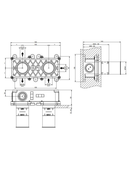 Miscelatore a parete Gessi serie Ingranaggio doccia cod.63579 esterna cod.54073 incasso 2 vie - Kallea