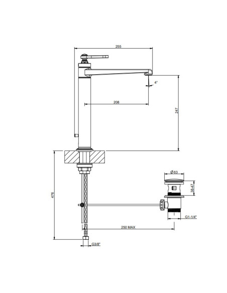 Miscelatore Lavabo alto Gessi serie venti20 bocca lunga cod.65003 con scarico e flessibili di collegamento - Kallea