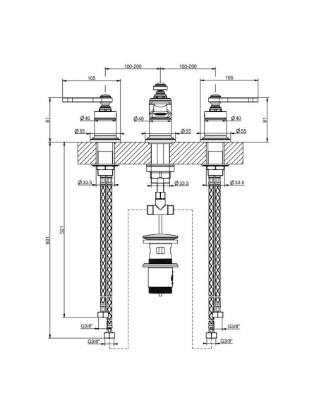 Miscelatore Lavabo Gessi serie Venti20 3 fori cod.68013 con flessibili di collegamento - Kallea