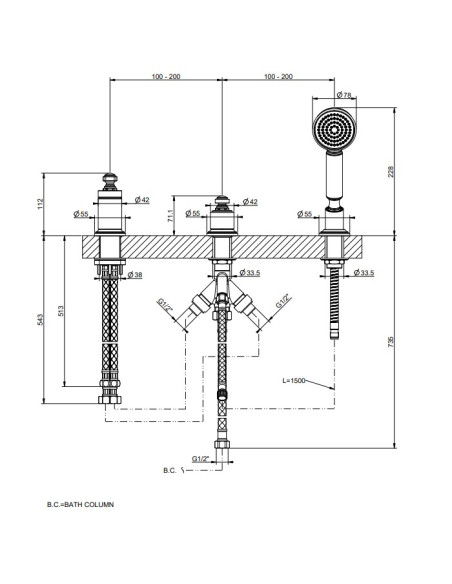 Gruppo Vasca Gessi serie Venti20 3 fori cod.65043 deviatore flessibile 1,50 m e doccetta anticalcare - Kallea