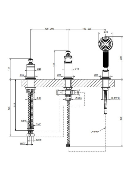 Gruppo Vasca Gessi serie Venti20 3 fori cod.65037 deviatore flessibile 1,50 m e doccetta anticalcare - Kallea