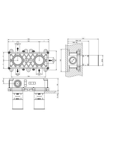 Miscelatore a parete Gessi serie Venti20 con deviatore lavabo/doccia cod.65038 esterna cod.54073 incasso 2 vie - Kallea