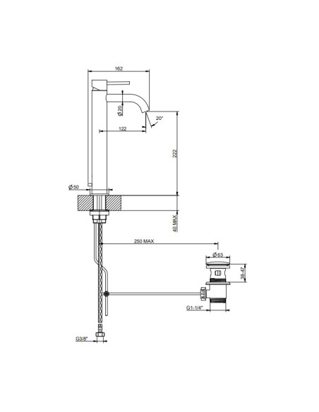 Miscelatore Lavabo alto Gessi serie 316 Flessa bocca corta cod.54004 con scarico e flessibili di collegamento - Kallea