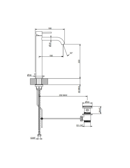 Miscelatore Lavabo alto Gessi serie 316 Flessa bocca lunga 54003 con scarico e flessibili di collegamento - Kallea