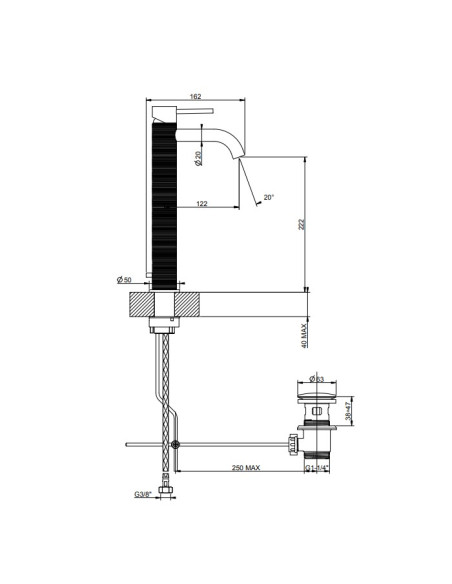 Miscelatore Lavabo alto Gessi serie 316 Trame bocca corta cod.54304 con scarico e flessibili di collegamento - Kallea