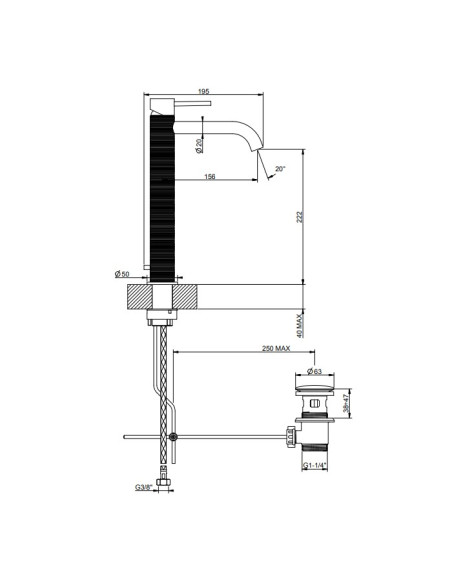 Miscelatore Lavabo alto Gessi serie 316 Trame bocca lunga 54303 con scarico e flessibili di collegamento - Kallea