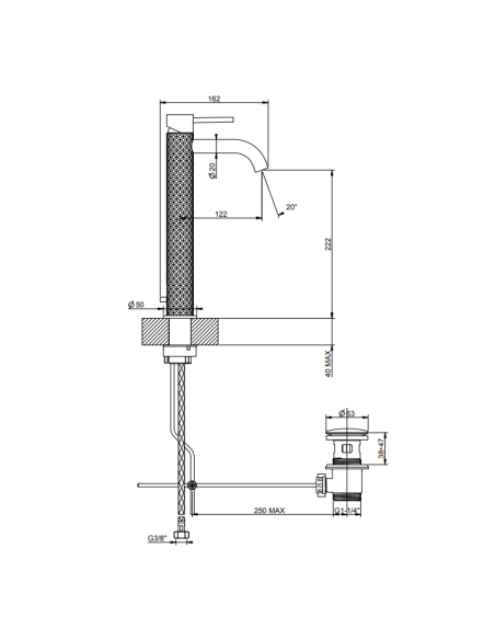 Miscelatore Lavabo alto Gessi serie 316 Intreccio bocca corta cod.54104 con scarico e flessibili di collegamento - Kallea