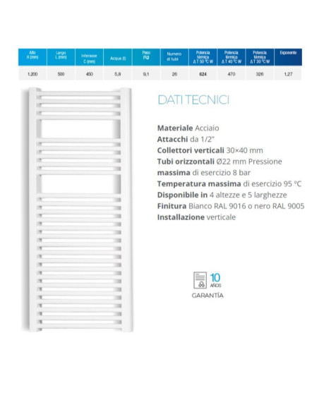 Termoarredo serie Zeta T 1200x500 mm 450 Interasse bianco RAL9016 - Dritto - Kallea