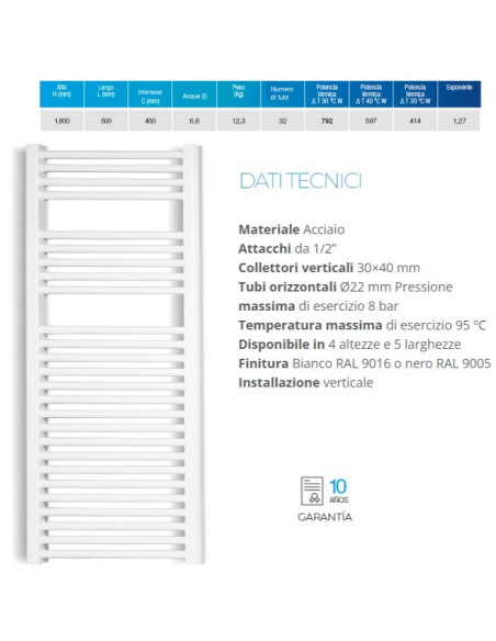 Termoarredo serie Zeta T 1600x500 mm 450 Interasse bianco RAL9016 - Dritto - Kallea