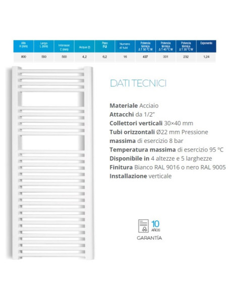 Termoarredo serie Zeta T 800x550 mm 500 Interasse bianco RAL9016 - Dritto - Kallea