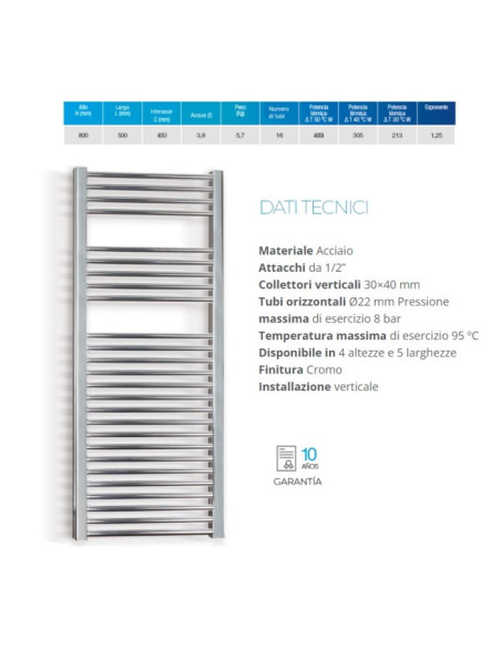 Termoarredo serie Zeta T 800x500 mm 450 Interasse Cromo - Dritto - Kallea