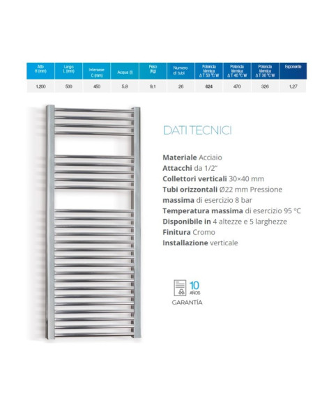 Termoarredo serie Zeta T 1200x500 mm 450 Interasse Cromo - Dritto - Kallea