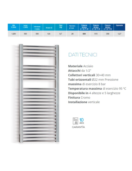 Termoarredo serie Zeta T 1200x550 mm 500 Interasse Cromo - Dritto - Kallea