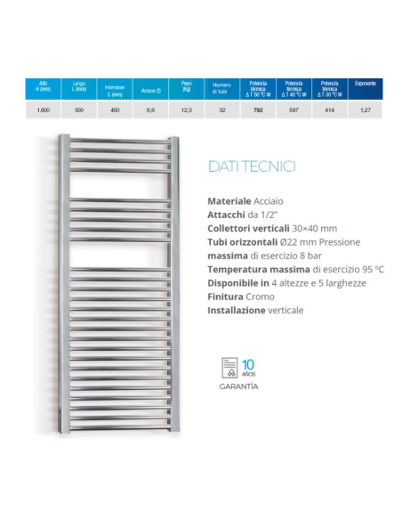 Termoarredo serie Zeta T 1600x500 mm 450 Interasse Cromo - Dritto - Kallea