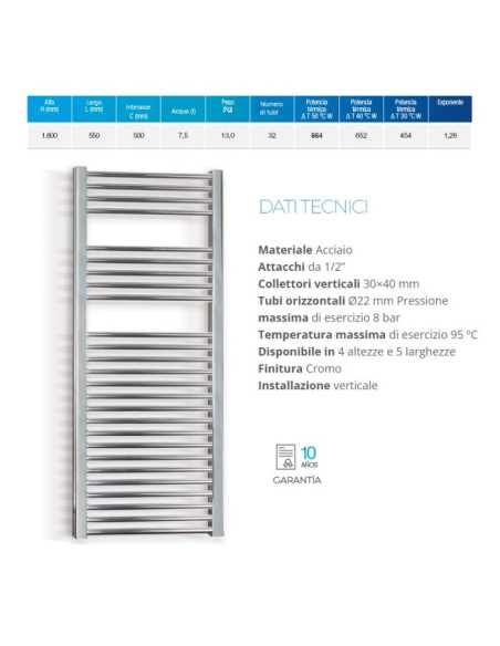 Termoarredo serie Zeta T 1600x550 mm 500 Interasse Cromo - Dritto - Kallea